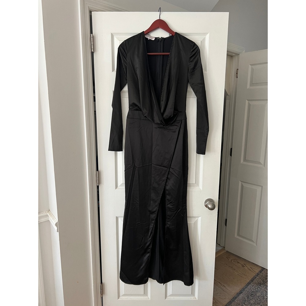 House of CB London Black Satin Draped Deep V-Neck Long Sleeve Maxi Dress Small
